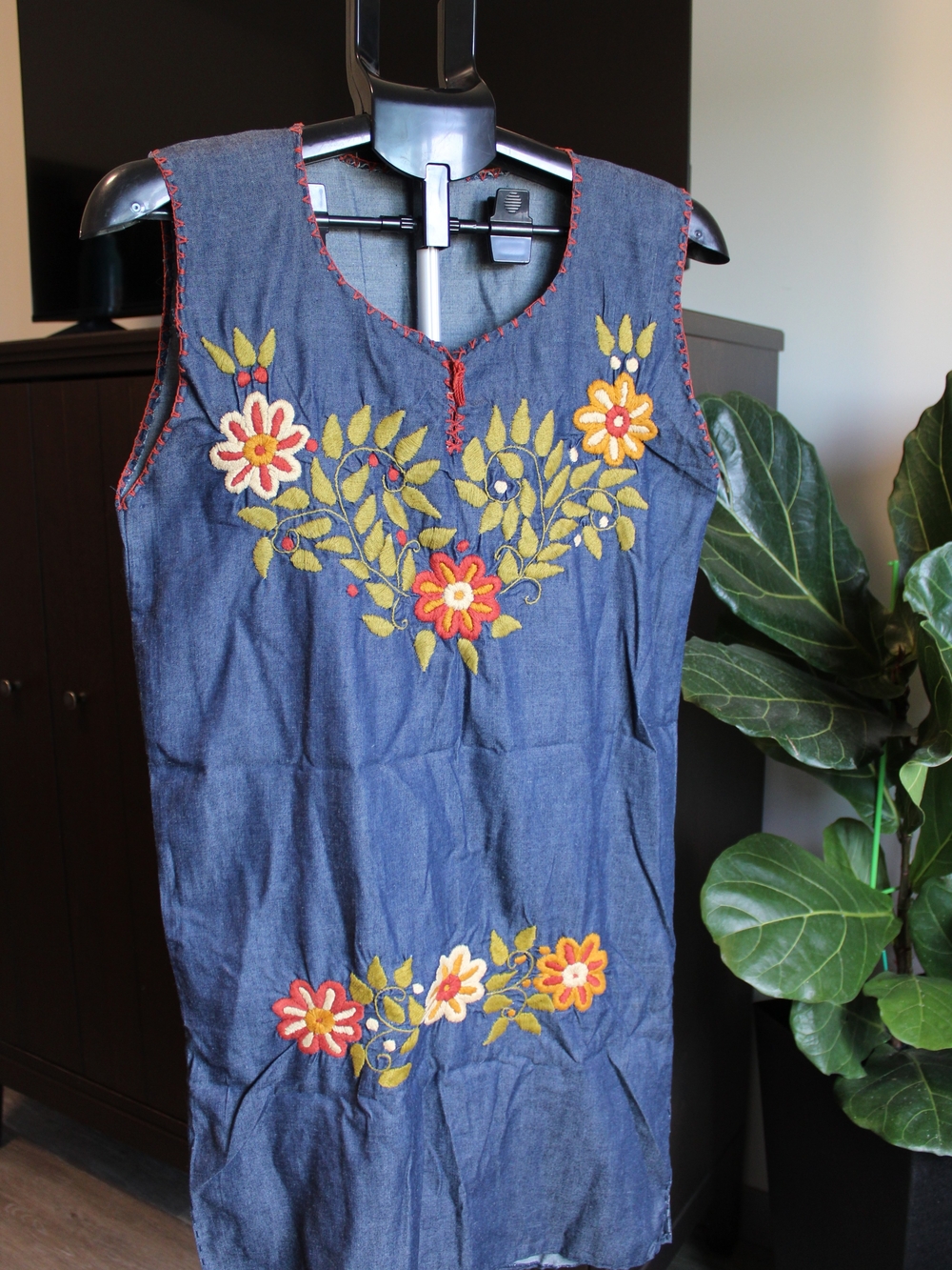 Embroidered Denim Shift Dress with Floral Motif - Blue & Mustard